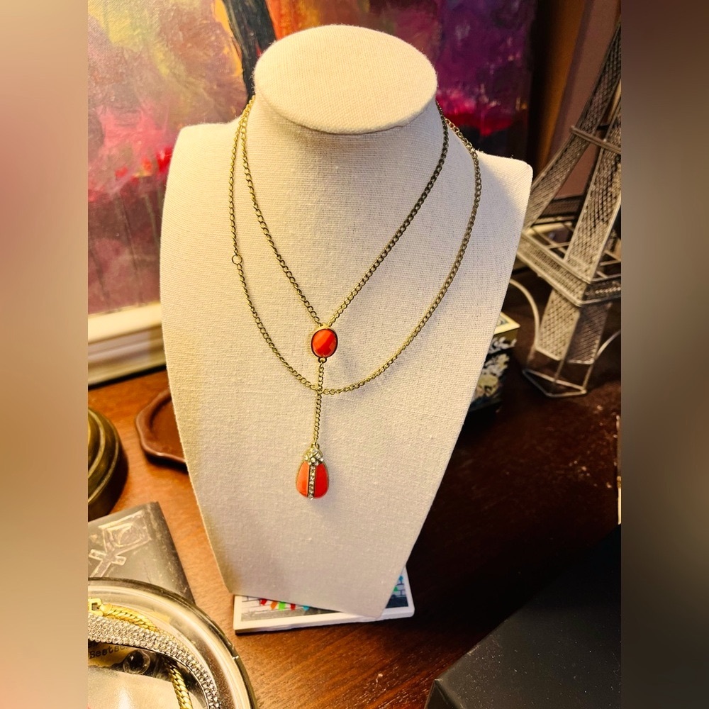 Vintage Gold and Orange Necklace with Asymmetrical Design